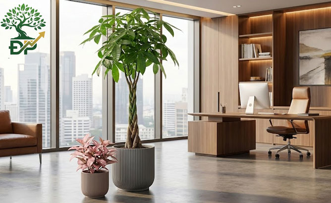 Cây kim ngân xanh tốt đặt trong phòng khách, ánh sáng gián tiếp, chậu gốm sang trọng.
